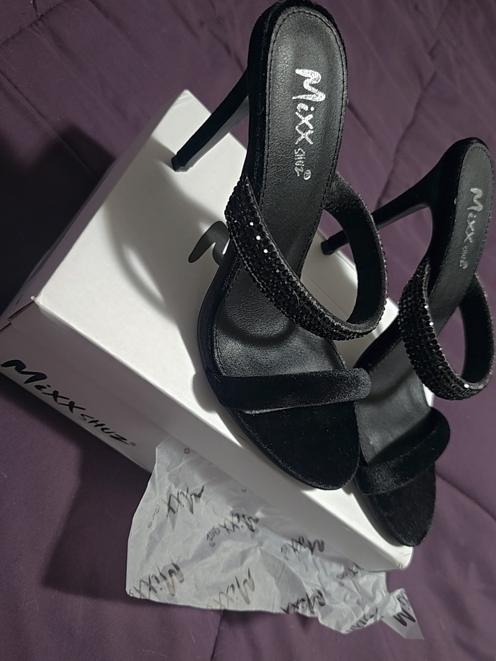 Mixx Shuz Black Rhinestone Strappy Stiletto Sandals